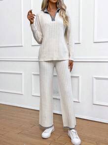 Chiquease Contrast Trim Raglan Sleeve Zipper Front Sweater & Knit Pants