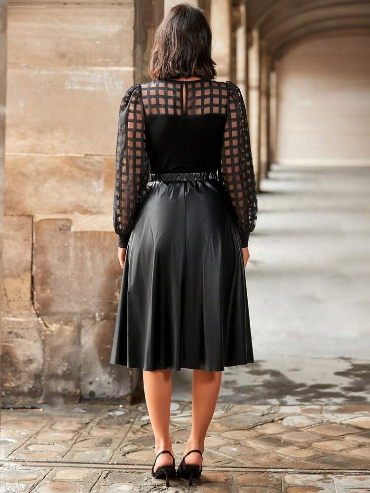 Women's Mesh Splice Top & Pu Leather Elastic Waist Skirt Two Pieces Set