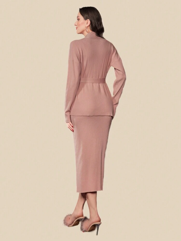 Women'S Plain Belted Cardigan And Knit Skirt Two-Piece Set