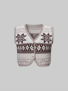 SHEIN Unity Geo Pattern Button Front Sweater Vest - Apricot - View 1