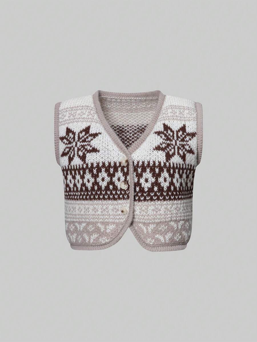 SHEIN Unity Geo Pattern Button Front Sweater Vest - Apricot - View 1