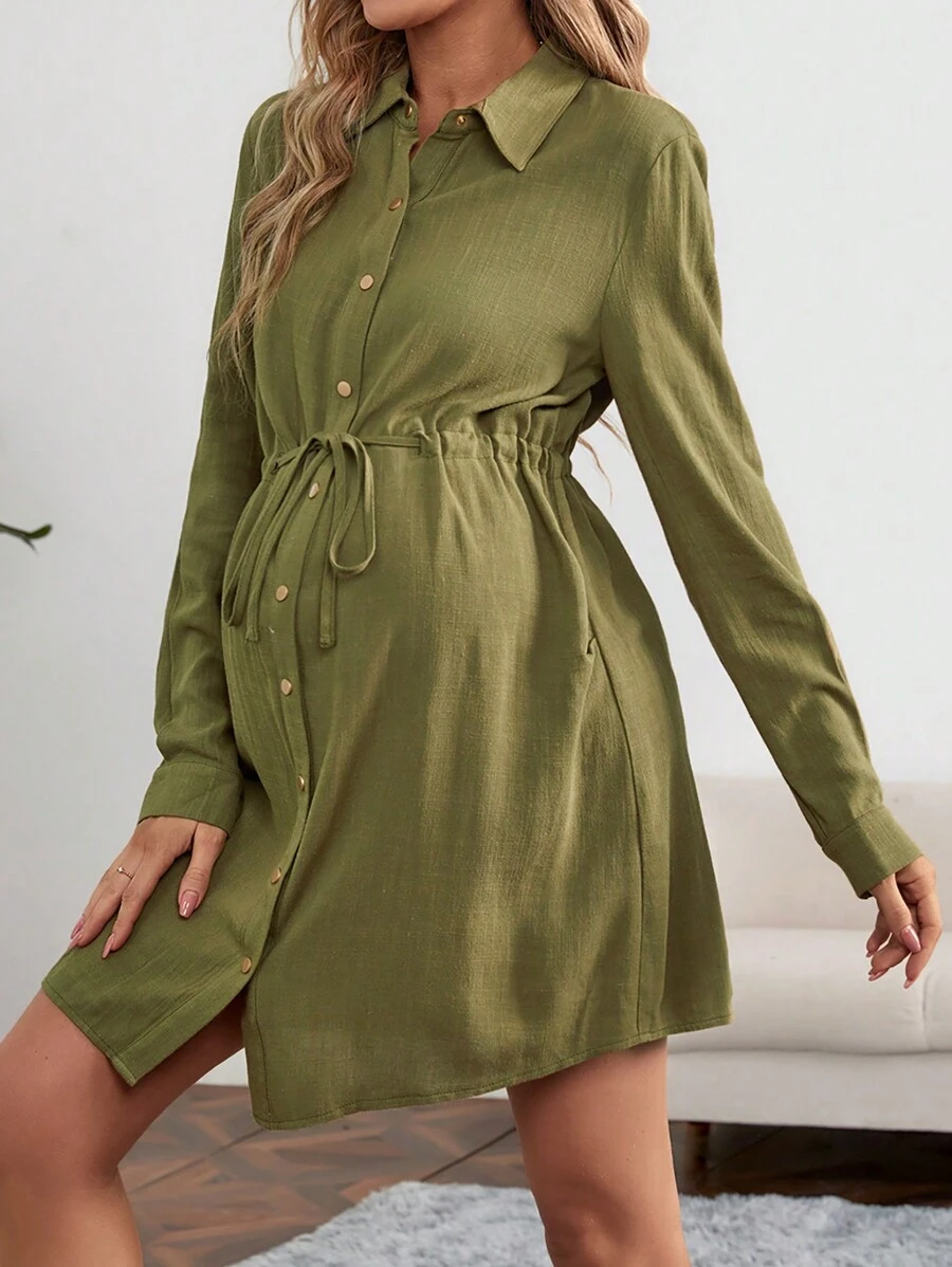 SHEIN Maternity Drawstring Waist Shirt Dress - Green - View 1