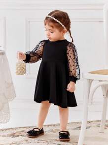 SHEIN Baby Girl 1pc Heart Flocked Mesh Lantern Sleeve Dress - Black - View 5