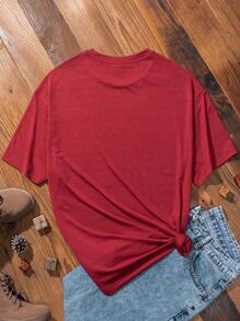 SHEIN Qutie 女士聖誕麋鹿印花t恤 - 酒紅色 - 查看 2