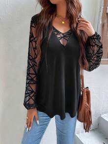 Women's Sheer Mesh V-neck Top - Black - View 3