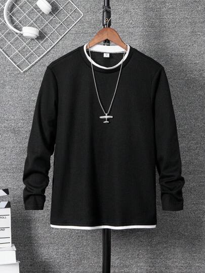 SHEIN 青少年男孩對比色圓領長袖T恤，適用於春秋季節