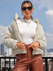 SHEIN Essnce 女士纯色长袖拉链领休闲加厚棉服外套，冬季衣服 - 米色 - 查看 1