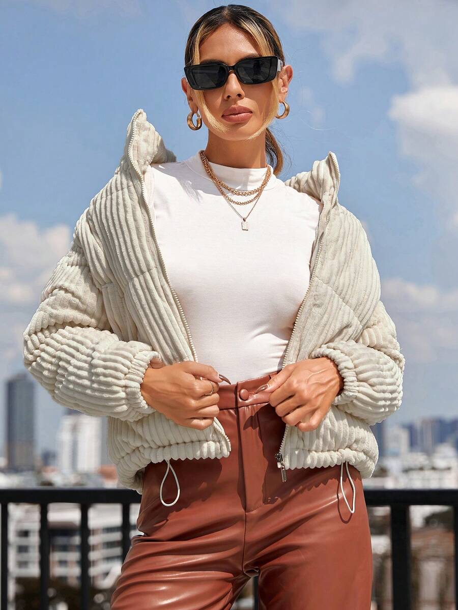 SHEIN Essnce 女士纯色长袖拉链领休闲加厚棉服外套，冬季衣服 - 米色 - 查看 1