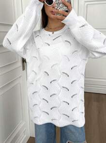 SHEIN Unity Fashionable All-Match Hollow Knit Drop Shoulder Sweater For Women Knit Pullover Fall Winter Sweater - White - View 4