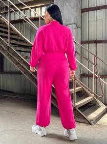 SHEIN EZwear 大尺碼女式腰帶運動衫酷連身褲 - 玫紅色 - 查看 2