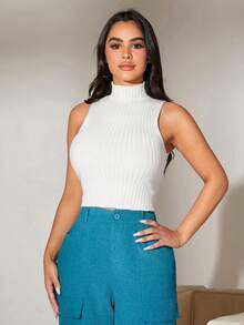 SHEIN SXY 女式純色半高領針織上衣 - 白色 - 查看 6