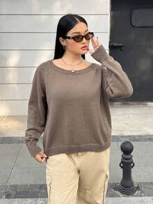 SHEIN EZwear 大碼素色插肩袖套頭毛衣 - 駝色 - 查看 3