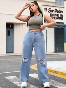 SHEIN EZwear 大尺碼仿舊直筒牛仔褲 - 藍色 - 查看 5