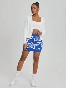 Rat Studio Artist Star Pattern Bodycon Elegant Sweater Skirt, For Holiday, Party, Vacation, Festival, Ibiza Fits - Blue - View 3