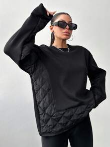 SHEIN Cottnline 女士黑色鑽石格紋圓領長袖衛衣 - 黑色 - 查看 1