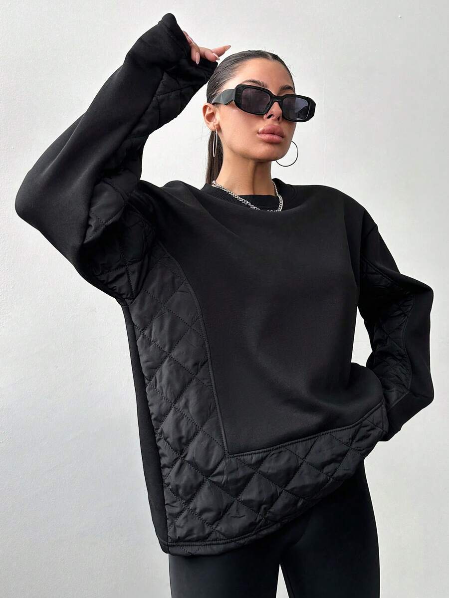 SHEIN Cottnline 女士黑色鑽石格紋圓領長袖衛衣 - 黑色 - 查看 1