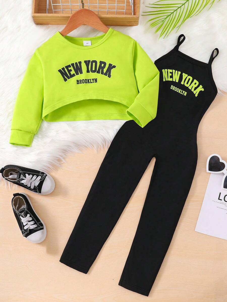 SHEIN Young Girls' Fluorescent Green Casual 2-Piece Set - Green - View 1