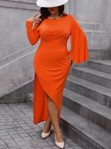Celure Women'S Plus Size High Slit Dress - Orange - View 5