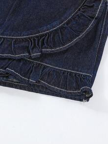 Little Girls' Denim Shorts With Ruffle Hem - Dark Wash - View 3