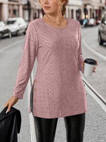 SHEIN LUNE Kích thước lớn Nút Cổ chữ V Viền chia cắt Áo thun - Hồng - Xem 1