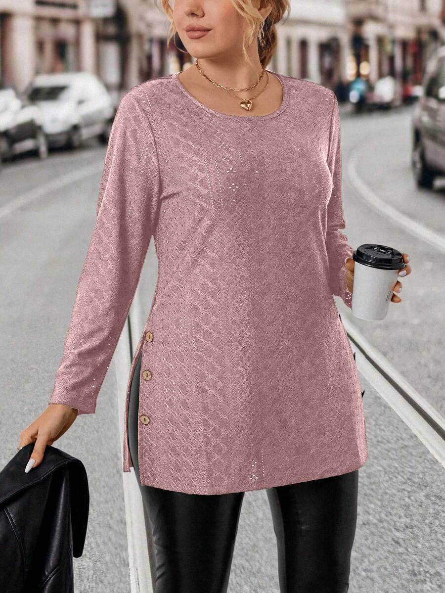 SHEIN LUNE Kích thước lớn Nút Cổ chữ V Viền chia cắt Áo thun - Hồng - Xem 1