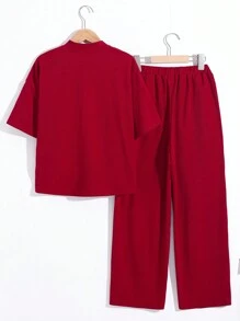 Boys' Floral Print Stand Collar Button Front Short Sleeve Top And Knitted Pants Set - Red - View 2