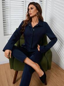 SHEIN Essnce Của phụ nữ Tay áo dài Collared Bộ áo sơ mi và quần - Màu xanh hải quân - Xem 4