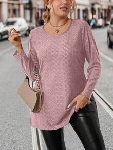 SHEIN LUNE Kích thước lớn Nút Cổ chữ V Viền chia cắt Áo thun - Hồng - Xem 3