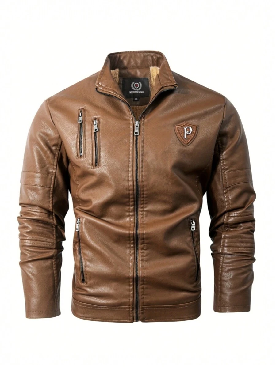 Áo khoác da cổ đứng cho nam, Áo khoác ngoài thời trang - Màu Khaki - Xem 1