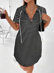 Flirla 女裝加大碼條紋時尚連帽束腰長袖連衣裙 - 黑色 - 查看 1