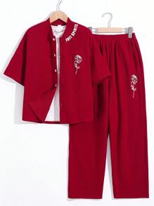 Boys' Floral Print Stand Collar Button Front Short Sleeve Top And Knitted Pants Set - Red - View 1