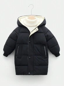 Young Boy 1pc Raglan Sleeve Hooded Padded Coat - Black - View 1