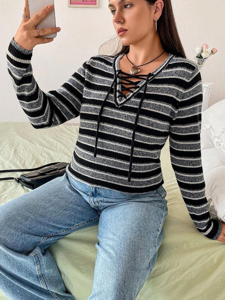 Plus Size Striped Pattern Lace Up Sweater Knit Pullover Fall Winter Sweater