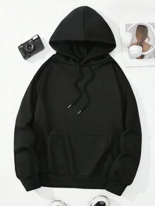 SHEIN EZwear 女花與字母印花黑色連帽長袖休閒運動衫 - 黑色 - 查看 2