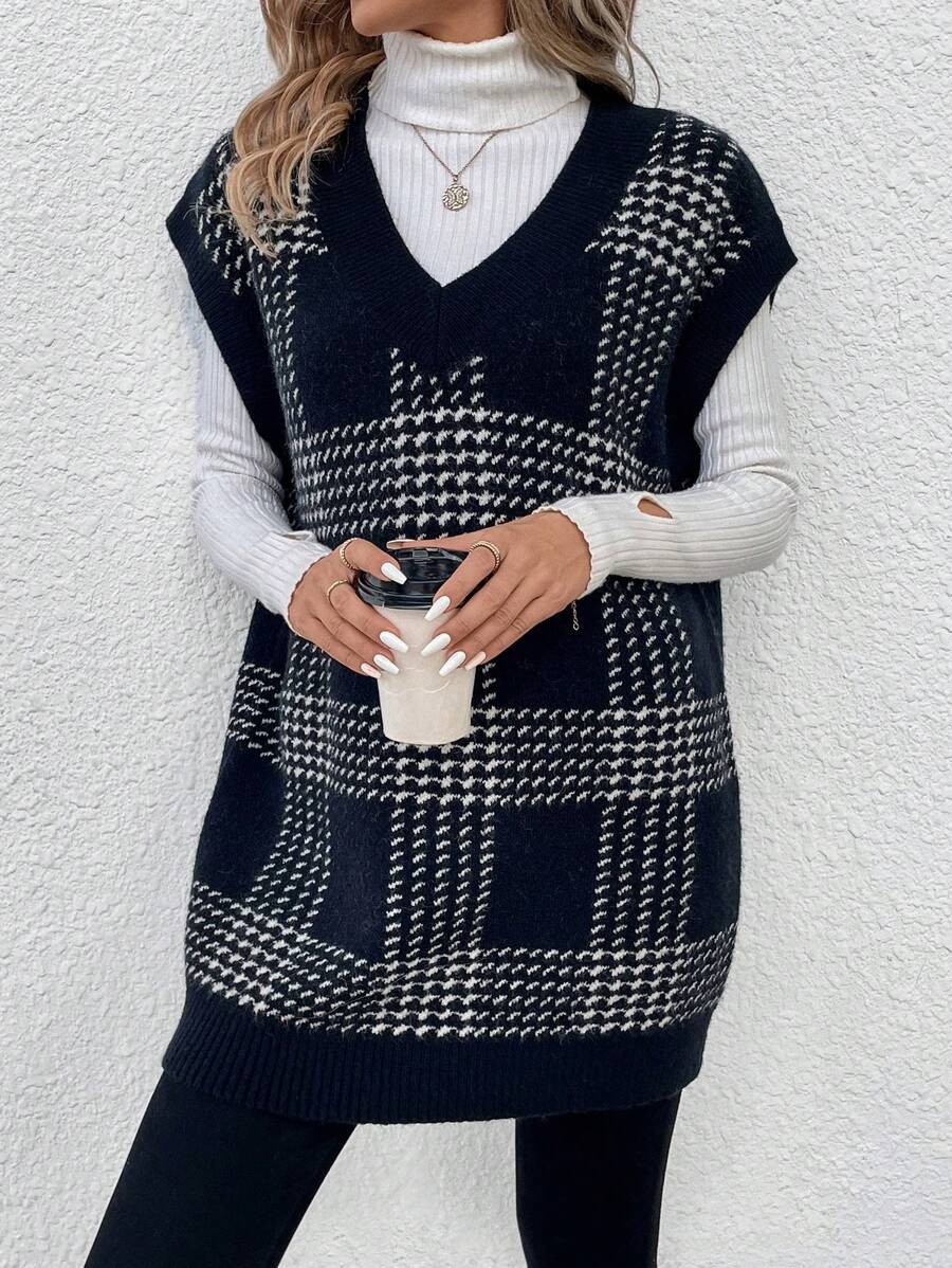 SHEIN Essnce 女士格紋長款針織毛衣背心