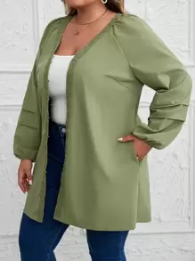 EMERY ROSE Women's Plus Size Green Lace Trimmed Decor Coat - Army Green - View 7