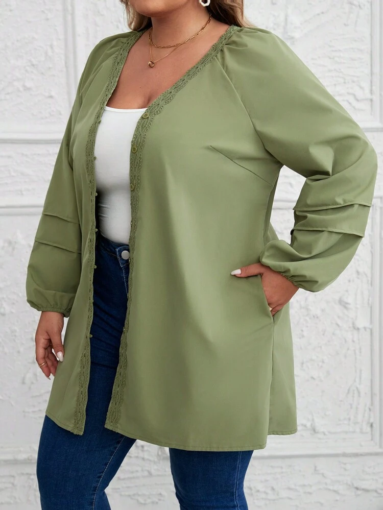 Women's Plus Size Green Lace Trimmed Decor Coat