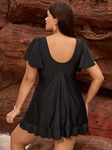 SHEIN Swim Curve Women's Plus Size Lace Splice Swim Dress Set - Black - View 2