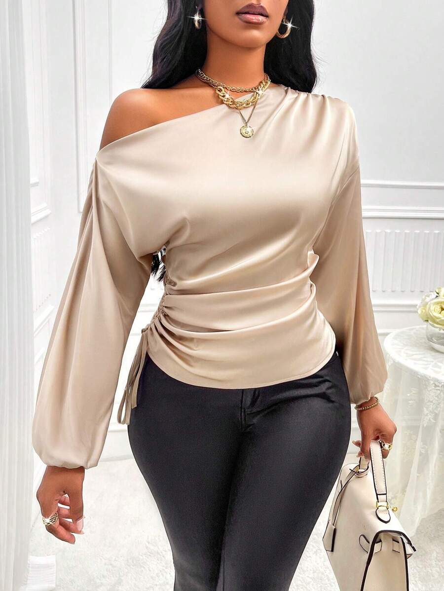 SOLERSUN Asymmetrical Neck Drawstring Side Satin Blouse One Shoulder Top Fall Cloth For Women