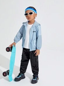 SHEIN Boys' Loose Fit Casual Knitted Hooded Jacket With Letter Print - Blue - View 6