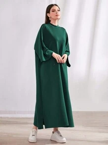 Mulvari Solid Color Batwing Sleeve Dress With Split Hem - Green - View 4