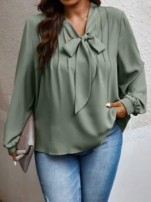 SHEIN Privé 大碼女式綁帶領口襯衫 - 橄欖綠 - 查看 4