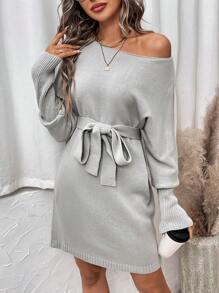 SHEIN LUNE 女款蝙蝠袖束帶毛衣連身裙 - 淺灰色 - 查看 7