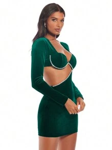 SHEIN BAE 女士深綠色露肩連衣裙,中空設計和裝飾性鑽石鏈,新年裝扮 - 墨綠色 - 查看 5