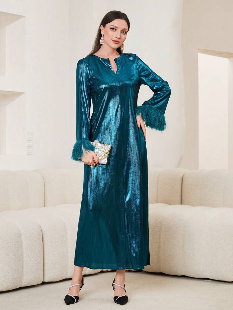 Women's Fashion Solid Color V-neck Long Sleeve Dress
