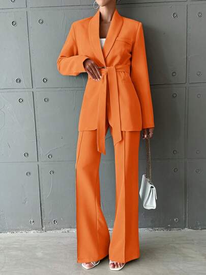 EURMUSE Ladies' Solid Color Suit Belted Jacket And Pants Set