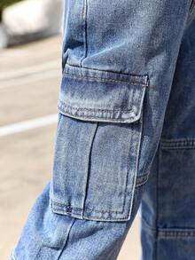 女小童側翻蓋口袋工裝牛仔褲 - 淺色水洗藍 - 查看 6