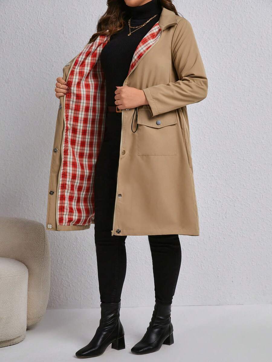 SHEIN LUNE Kích thước lớn Eo dây rút Áo khoác - Màu Khaki - Xem 1