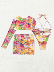 SHEIN Swim Women's Printed Keyhole Neckline Bikini Set Summer Beach - Multicolor - View 4