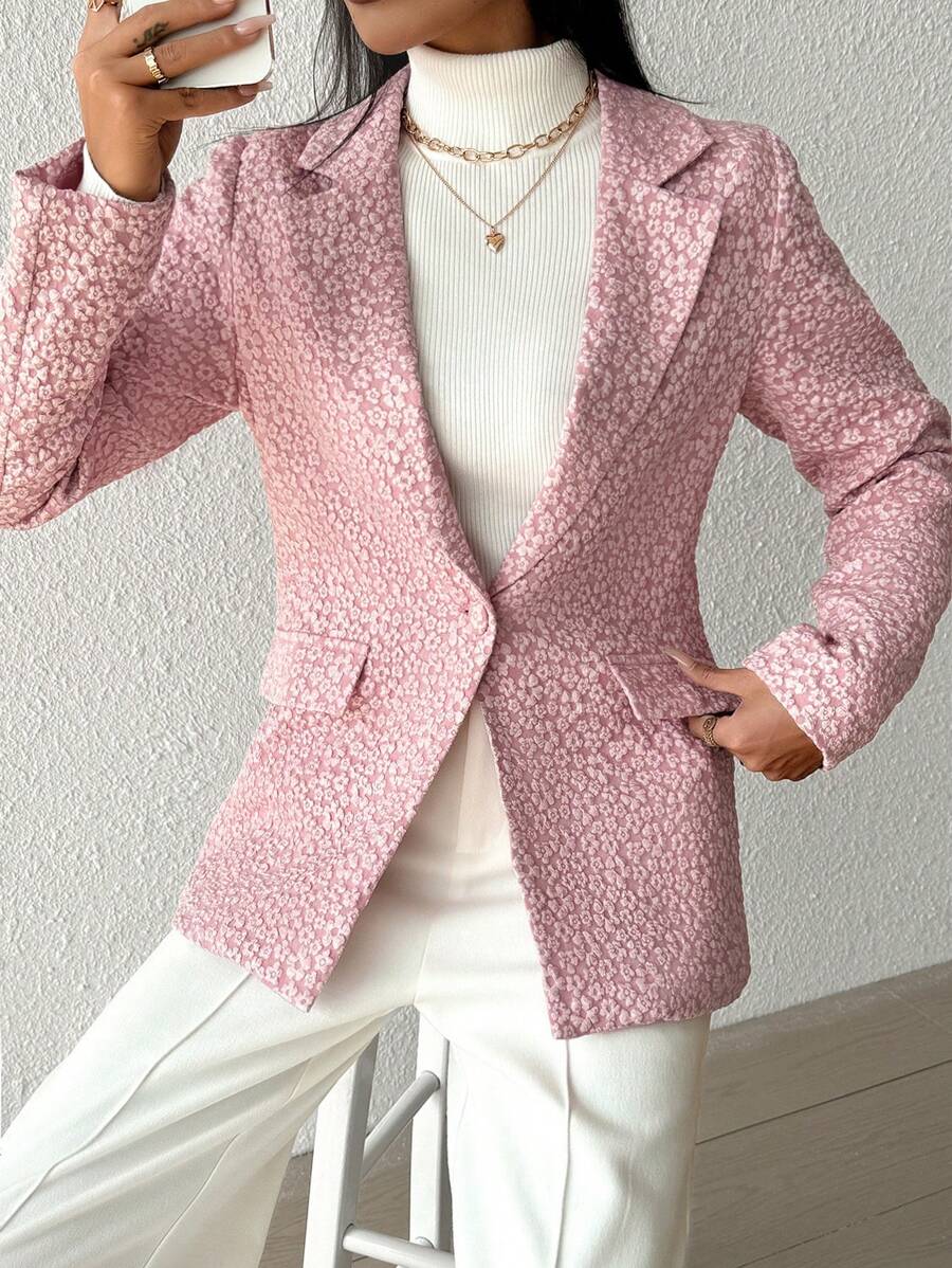 SHEIN Privé Của phụ nữ Hoa Dập nổi Cổ bẻ Áo vest - Hồng - Xem 1